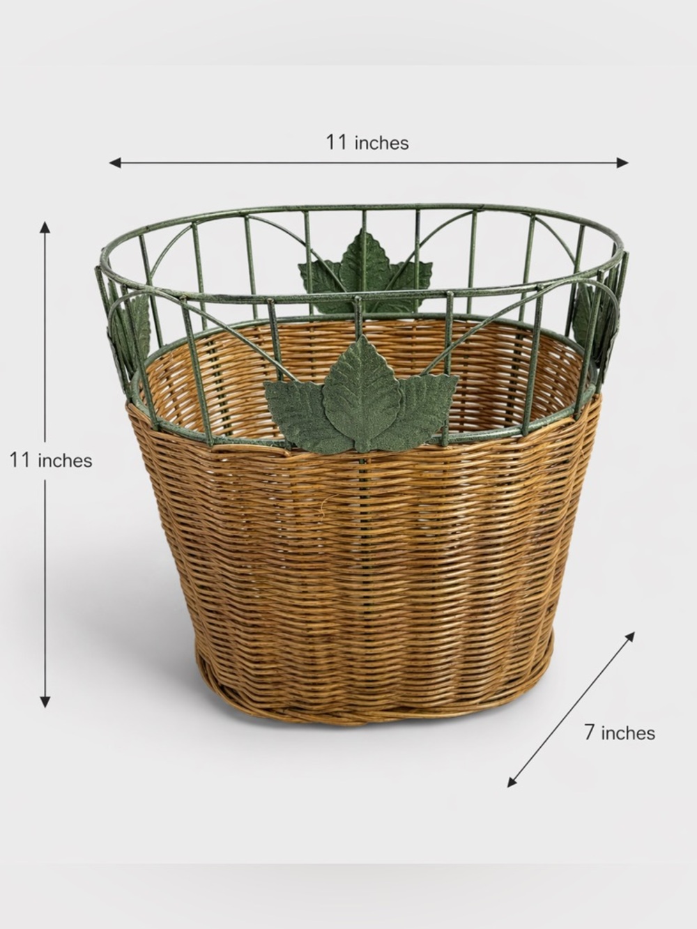 Vintage Wicker and Metal Ivy waste basket 11" x 11" x 7" - Picture 3 of 9